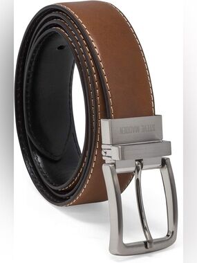Steve Madden Brown and Black Reversible Leather Belt with Silver Buckle